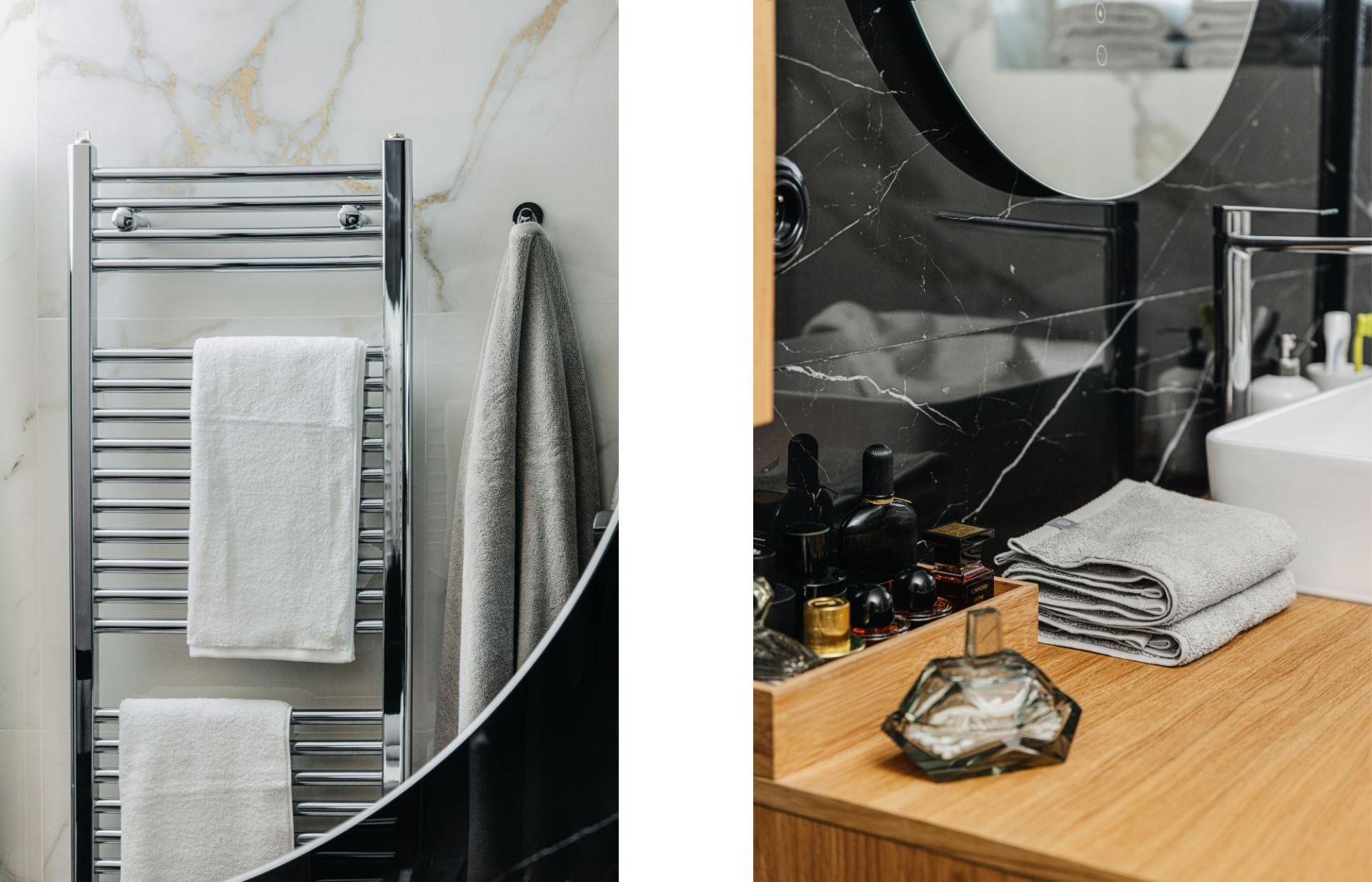 The bathroom features a minimalist style along with Lejaan Delicate Cotton towels.