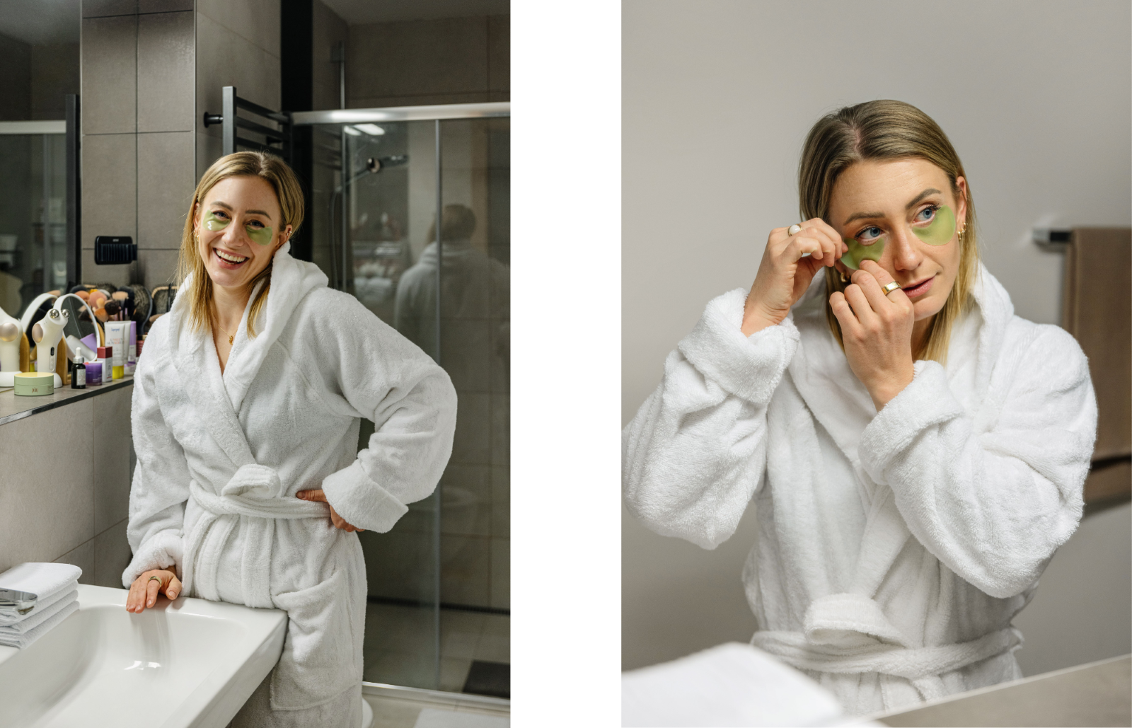 Lucie and her daily skincare ritual wrapped in our Honest White 100% cotton bathrobe.