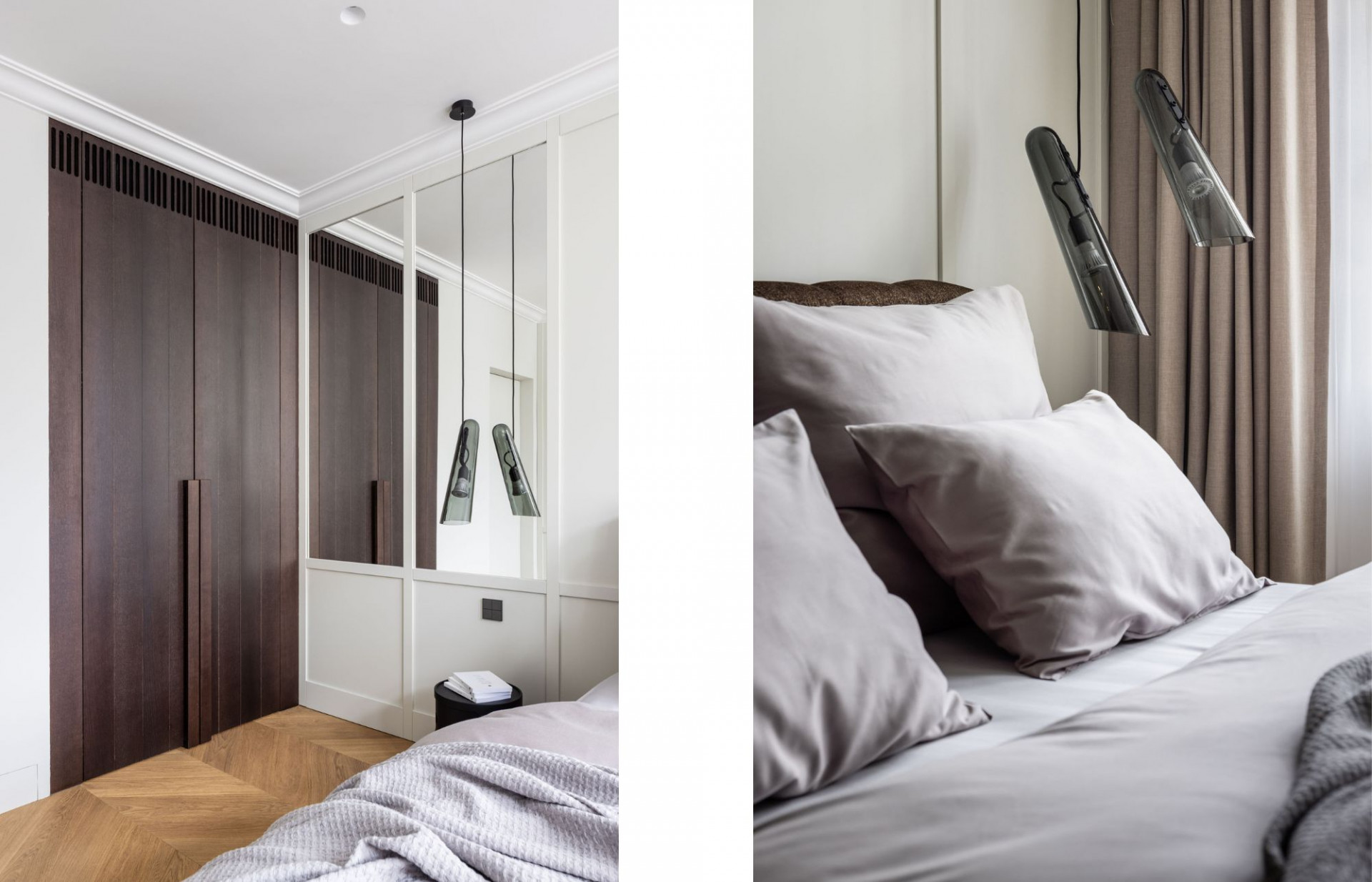Lejaan’s grey bed linen complements the bedroom soft tone design.