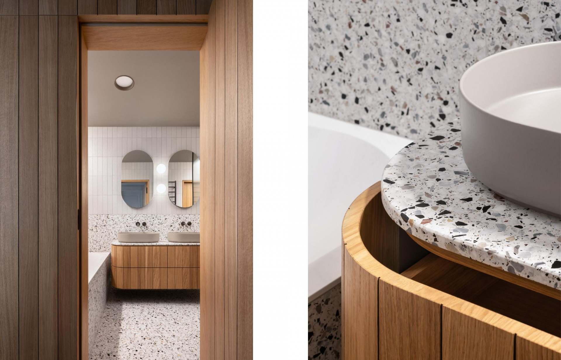The architects chose terrazzo flooring and walls for the bathroom as it's commonly found in terrace apartments.