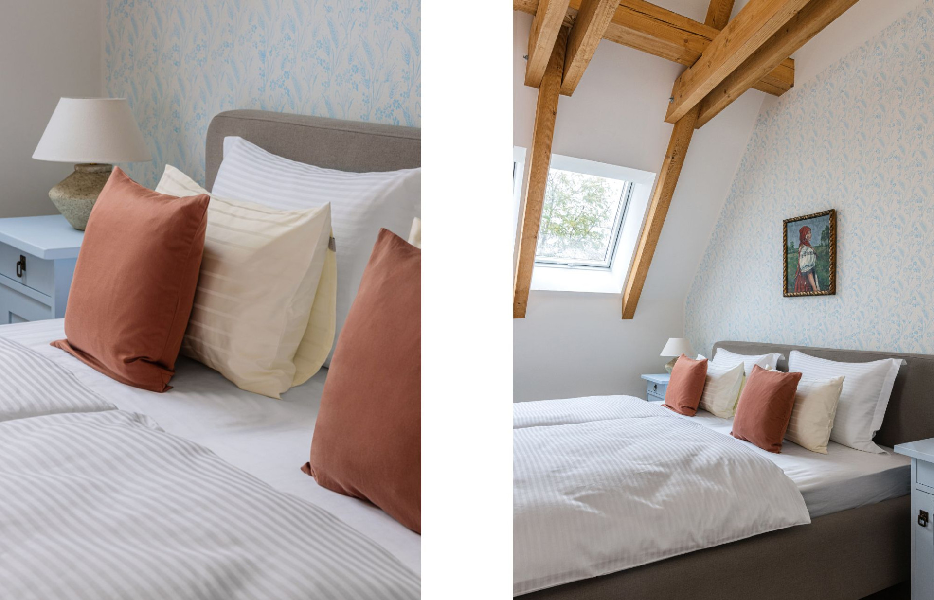 The second bedroom upstairs features our white Daily Notes and cream Flat White bed linen, together with Grandma's House pillowcases.