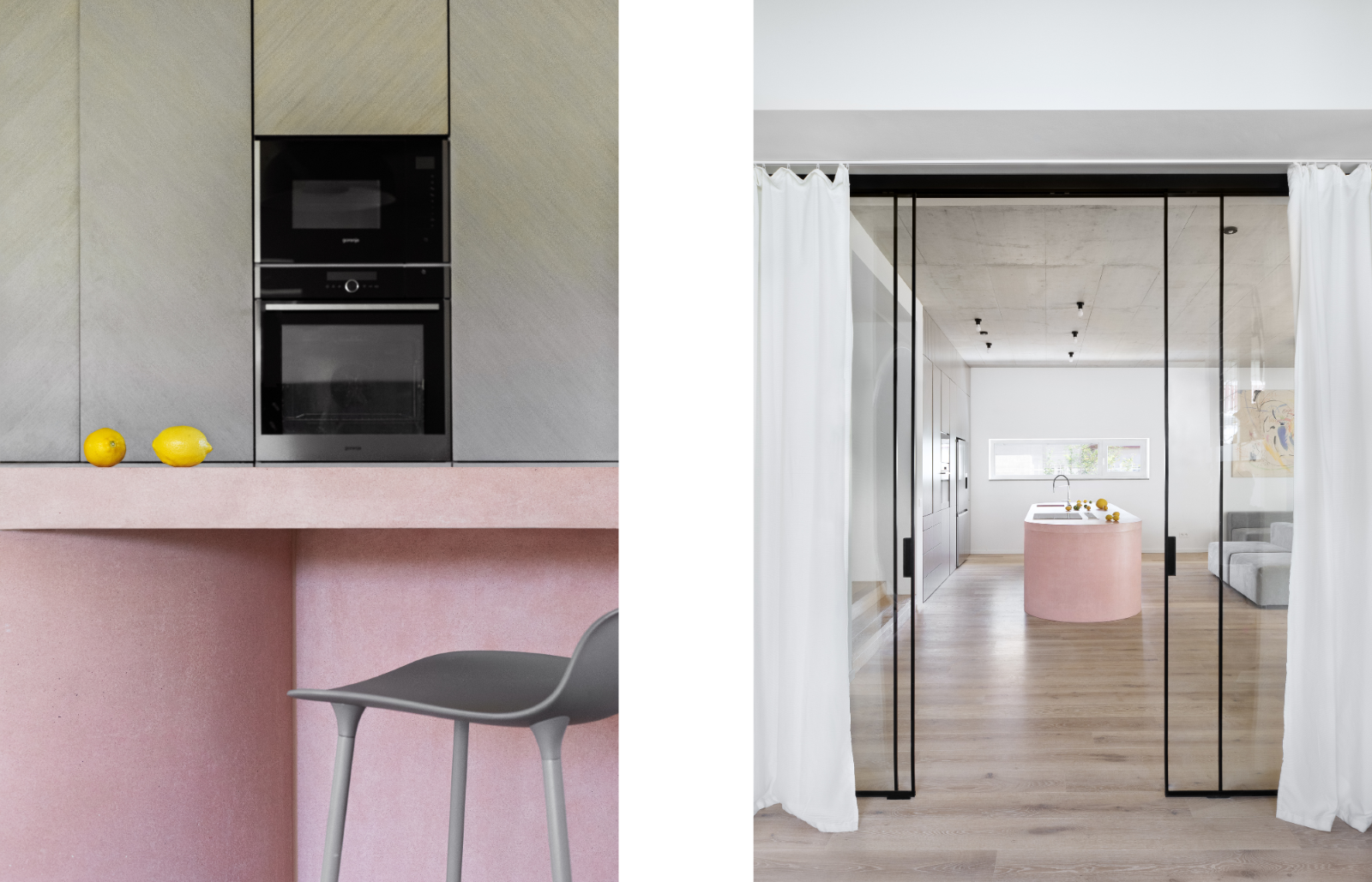 A pink kitchen island became the room’s highlight: fascinating and smile inducing!